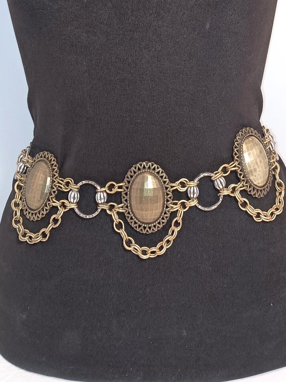 Ferrara Antique Brass Chain Belt With Three Cast Medallions